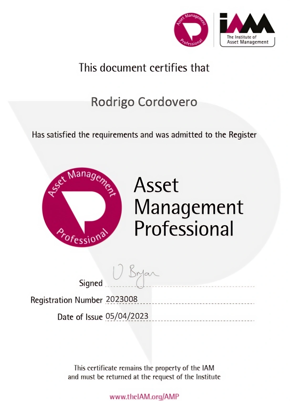 Certificado AMP - Institute of Asset Management UK